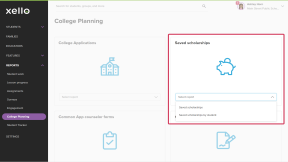 Reports in the left menu in Xello is open with College Planning selected. On the main page, the Saved scholarships tile is highlighted. Inside the tile is an open dropdown called Select report. The options are Saved scholarships, and Saved scholarships by student.